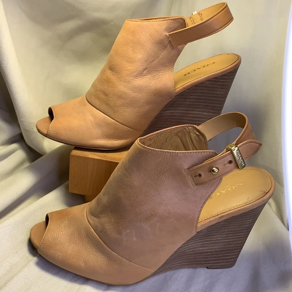 Coach peep toe leather wedge slingback shoes